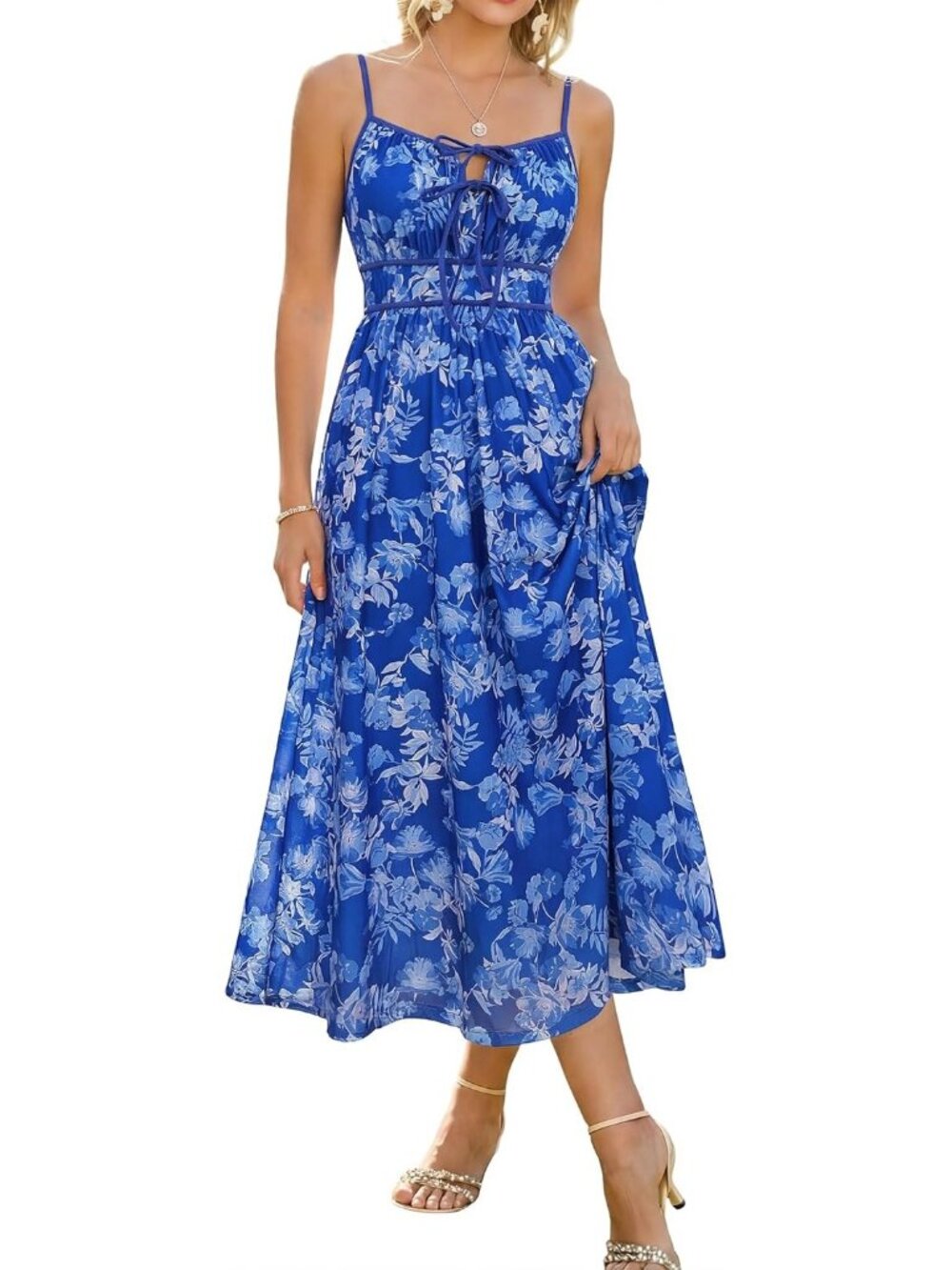Women's Maxi Dress Blue Floral Square Neck Sleeveless A Line Summer Soft Comfort